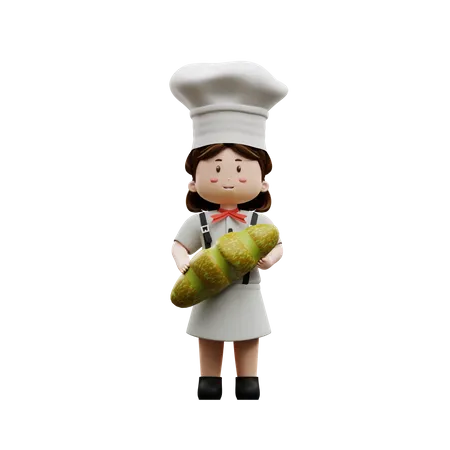 Female Chef Holding Bread  3D Illustration
