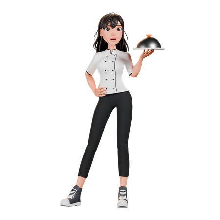 Female Chef Holding Cuisine Plate  3D Illustration