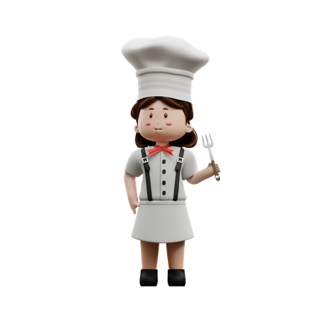 Female Chef Holding Fork  3D Illustration
