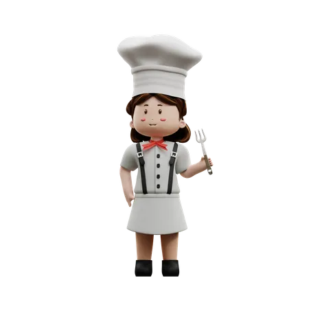 Female Chef Holding Fork  3D Illustration