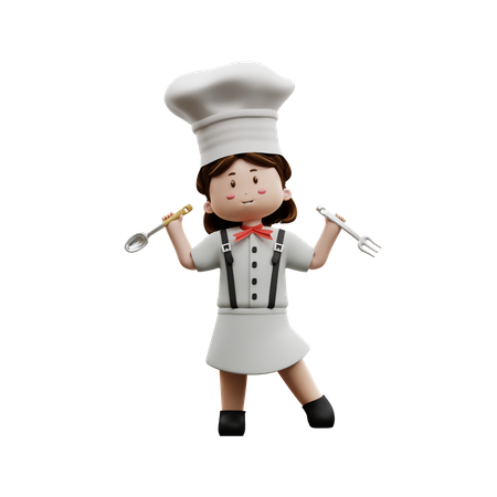 Female Chef Holding Fork And Spoon  3D Icon