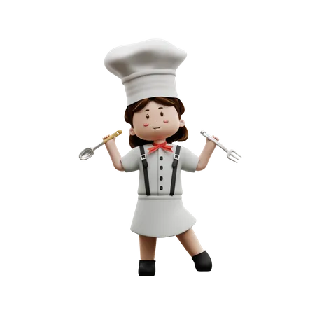 Female Chef Holding Fork And Spoon  3D Illustration