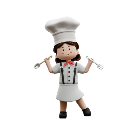 Female Chef Holding Fork And Spoon  3D Illustration