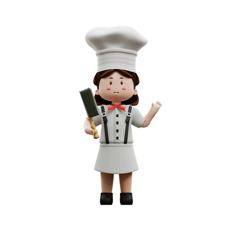 Female Chef Holding Knife  3D Illustration