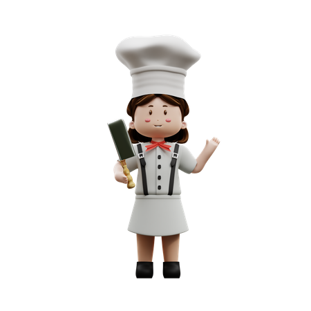 Female Chef Holding Knife 3D Illustration