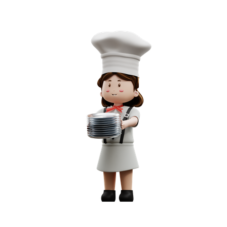 Female Chef Holding Plate  3D Illustration