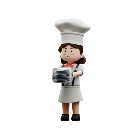 Female Chef Holding Plate  3D Illustration