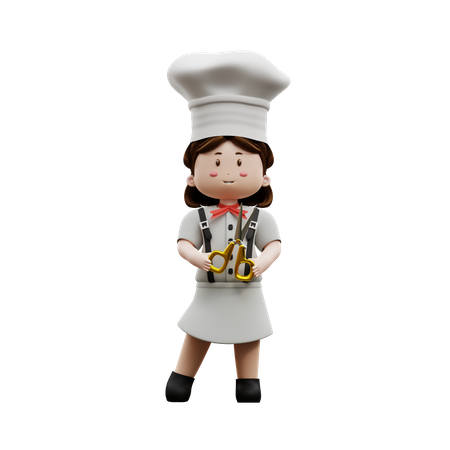 Female Chef Holding Scissors  3D Illustration
