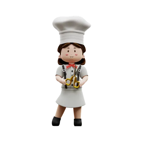 Female Chef Holding Scissors  3D Illustration