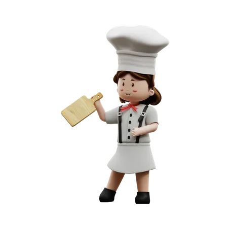 Female Chef Holding Wood Cutting  3D Illustration