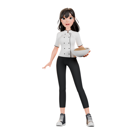 Female Chef Standing With Bowl  3D Illustration