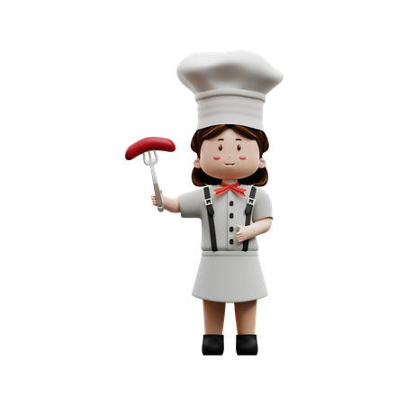 Female Chef With Sausage  3D Icon
