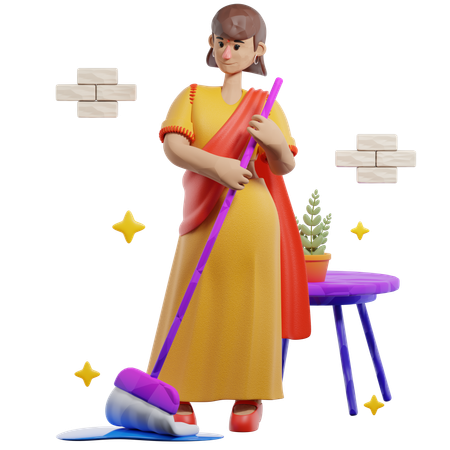 Female Cleaning House Before Diwali  3D Icon