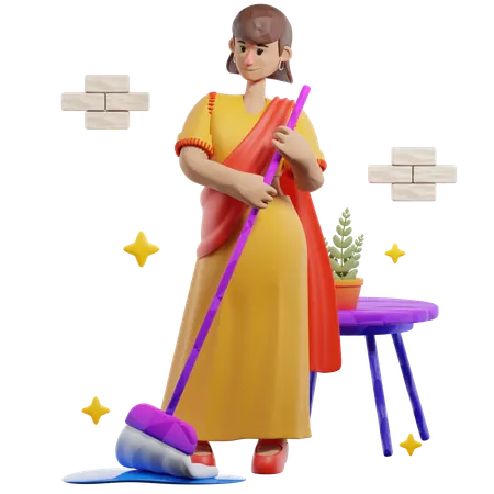 Female Cleaning House Before Diwali  3D Illustration