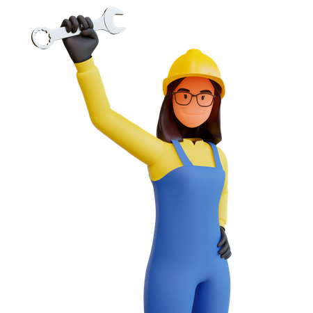 Female Construction worker holding wrench 3D Illustration