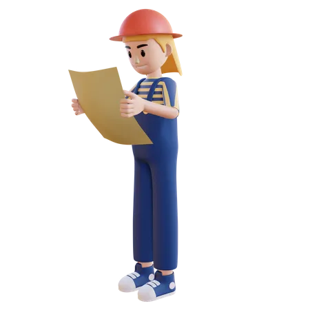 Female Construction worker watching at building map 3D Illustration