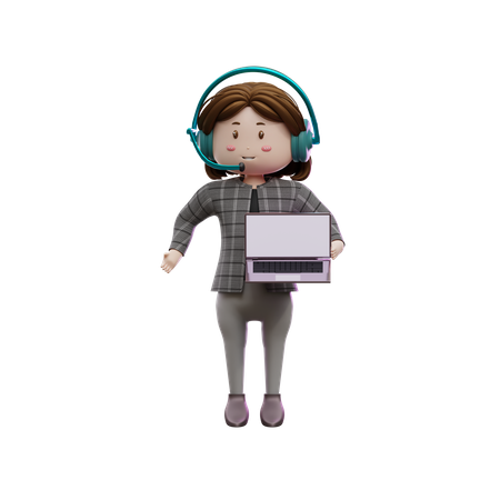 Female customer care executive hold laptop  3D Illustration