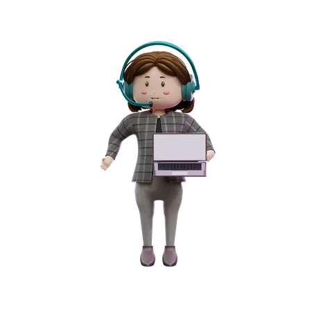 Female customer care executive hold laptop  3D Illustration