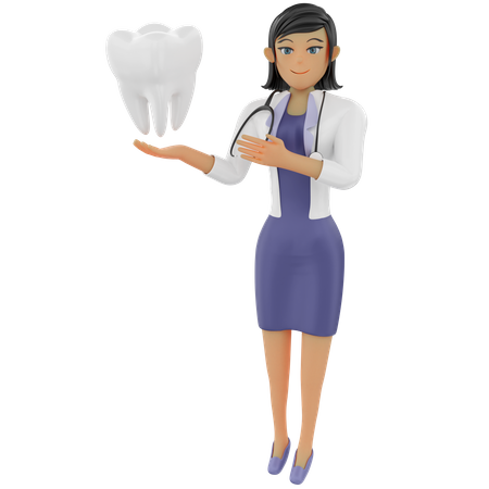 Female dentist showing healthy tooth  3D Illustration