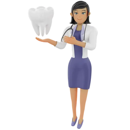 Female dentist showing healthy tooth  3D Illustration