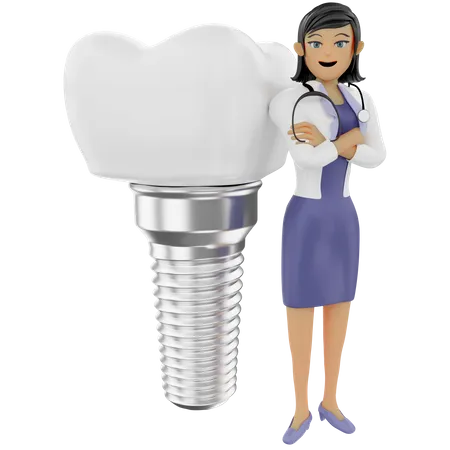 Female dentist showing tooth implant  3D Illustration
