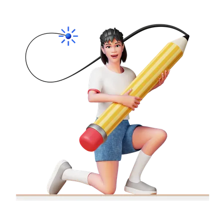 Female designer Holding Pencil  3D Illustration