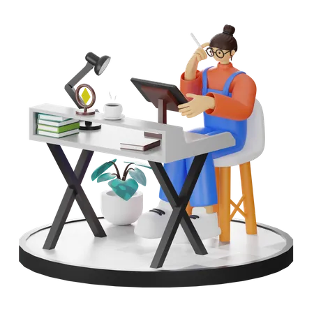 Female designer thinking about design  3D Illustration