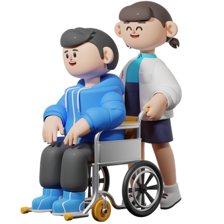 Female Doctor Drive Patient in Wheelchair  3D Illustration