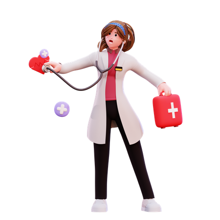 Female doctor examine heart using stethoscope  3D Icon