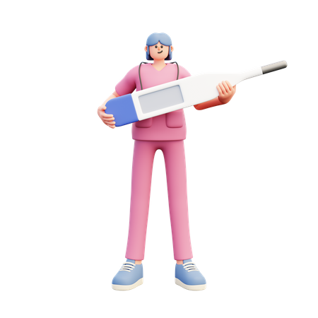 Female Doctor Holdin Big Thermometer  3D Icon