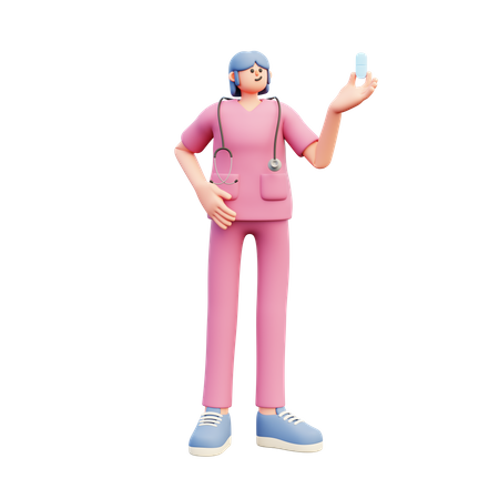 Female Doctor Holding Big Pill  3D Icon