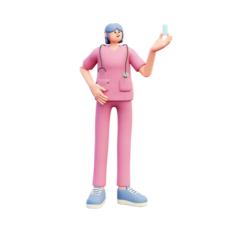 Female Doctor Holding Big Pill  3D Illustration