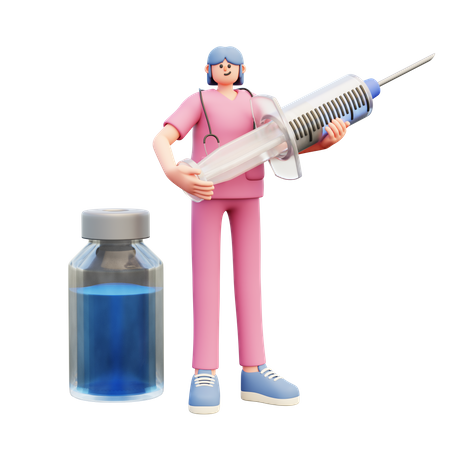 Female Doctor Holding Big Syringe  3D Illustration