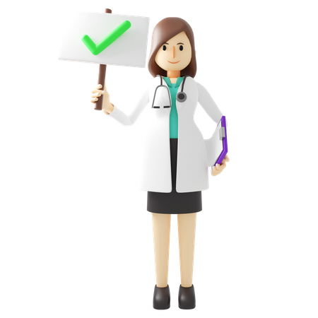 Female doctor holding correct mark board  3D Icon