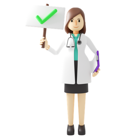 Female doctor holding correct mark board  3D Illustration