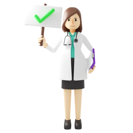 Female doctor holding correct mark board  3D Illustration