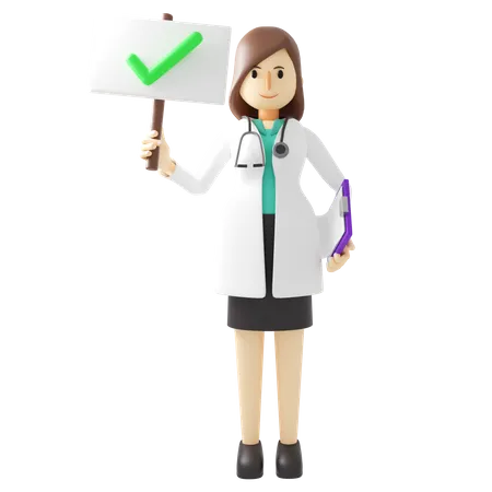 Female doctor holding correct mark board 3D Illustration