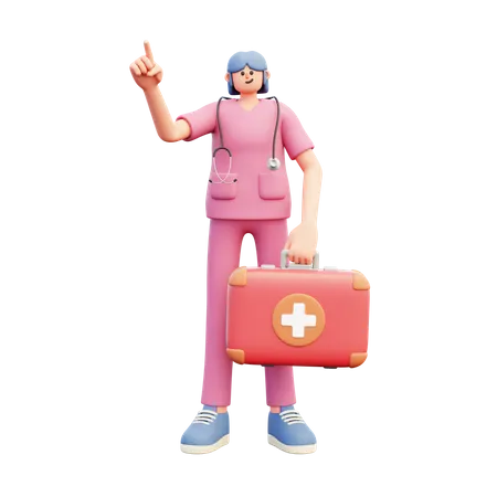 Female Doctor Holding Medical Box While Pointing Up  3D Illustration