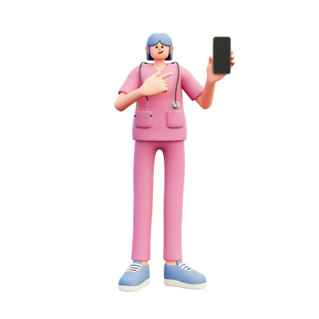 Female Doctor Holding Smartphone Pointing  3D Icon