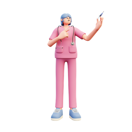 Female Doctor Holding Srynge Pointing At It  3D Icon