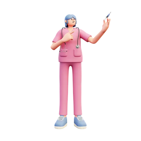 Female Doctor Holding Srynge Pointing At It  3D Illustration