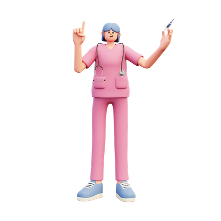 Female Doctor Holding Srynge Pointing Up  3D Icon