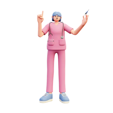 Female Doctor Holding Srynge Pointing Up  3D Illustration