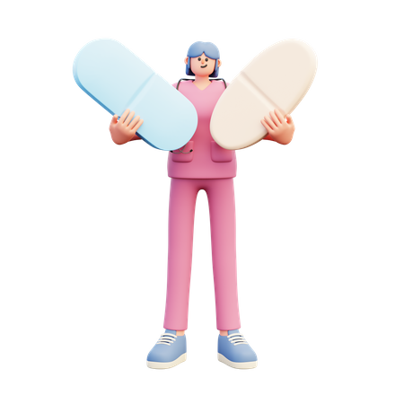 Female Doctor Holding Two Different Big Pills  3D Illustration