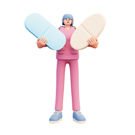 Female Doctor Holding Two Different Big Pills  3D Illustration