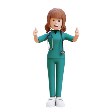Female Doctor In Green Scrubs Giving Two Thumbs Up  3D Illustration