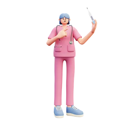 Female Doctor Pointing At Thermometer  3D Illustration