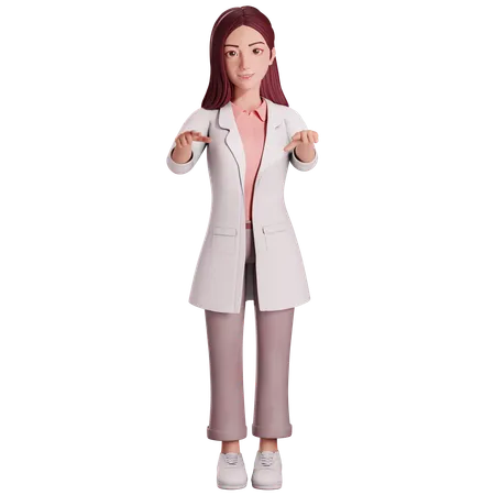 Female doctor Pointing Forwards with her both hands  3D Illustration