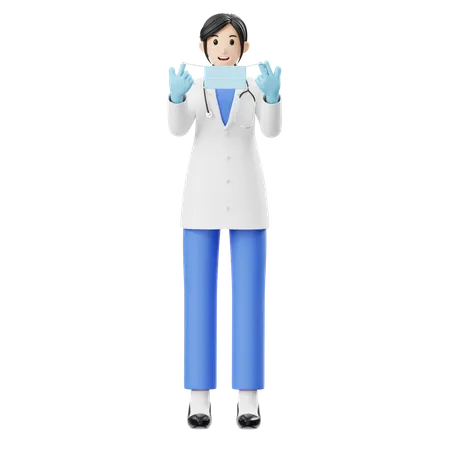 マスク着用の準備をする女性医師  3D Illustration