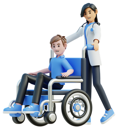 여의사가 환자에게 휠체어를 쓰라고 밀었다  3D Illustration